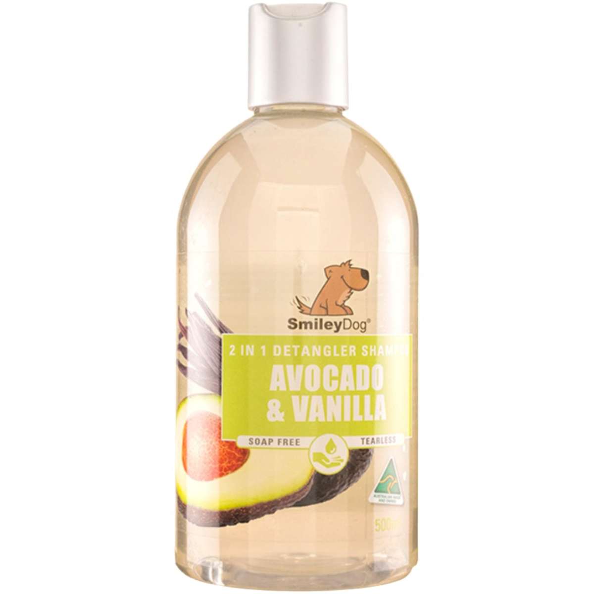 Smiley Dog Avocado Shampoo for dogs, gently cleanses, pH balanced, enriched with avocado for soft, shiny fur, suitable for sensitive skin, promotes healthy coat.