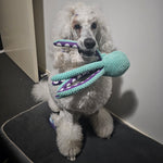 Dog holding octopus dog toy