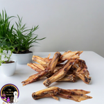 Australian Duck Feet dog treat, slowly air dried in a HACCP, Safe Food & FDA accredited facility, chemical free, high protein, natural source of glucosamine, supports joint and dental health.