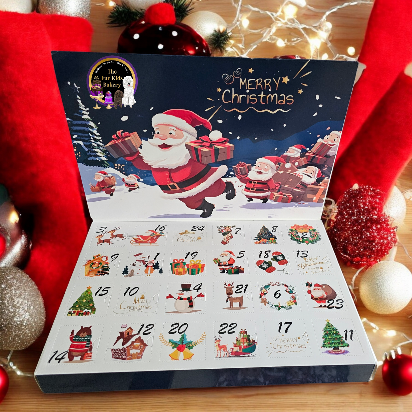 Dog advent calender with natural dog treats. The Fur Kids Bakery Logo.