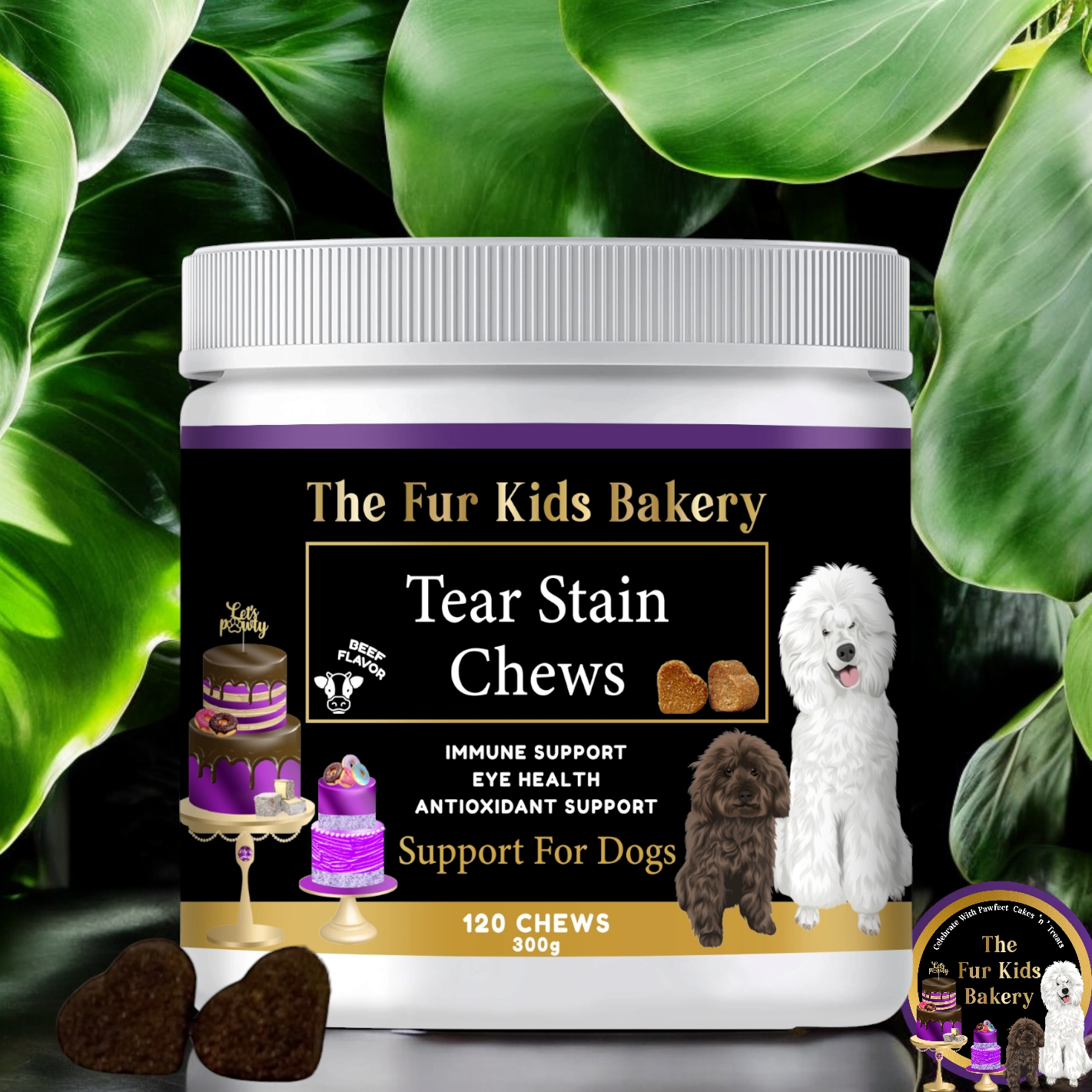 Tear Stain Chews for dogs. Remove red stains marks around dog eyes. Canine supplement / dog supplement. The Fur Kids Bakery Logo