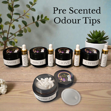 Amber glass jar containing pre-scented scent work oil tips for ANKC scent work training.
Birch, Cypress, Clove & Anise
